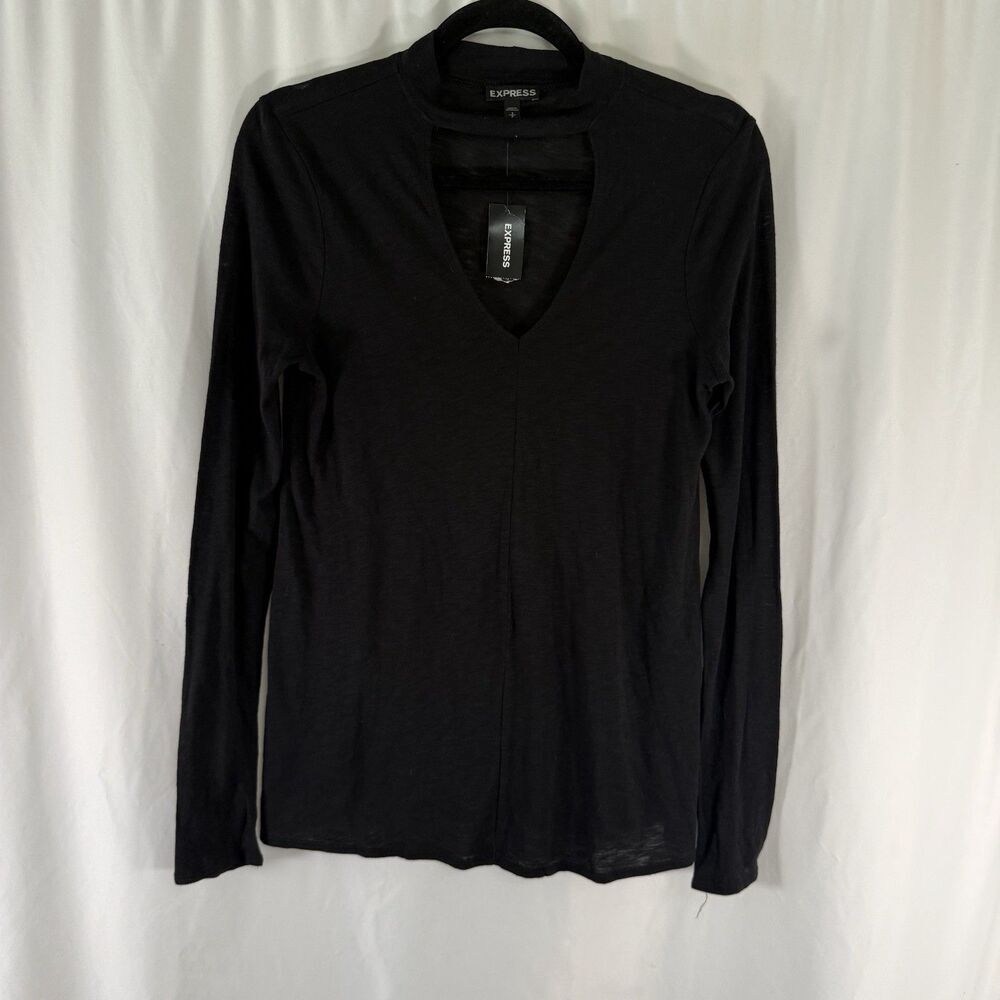 New Express Blouse Women's Small Black Keyhole Neckline Long Sleeve Lightweight